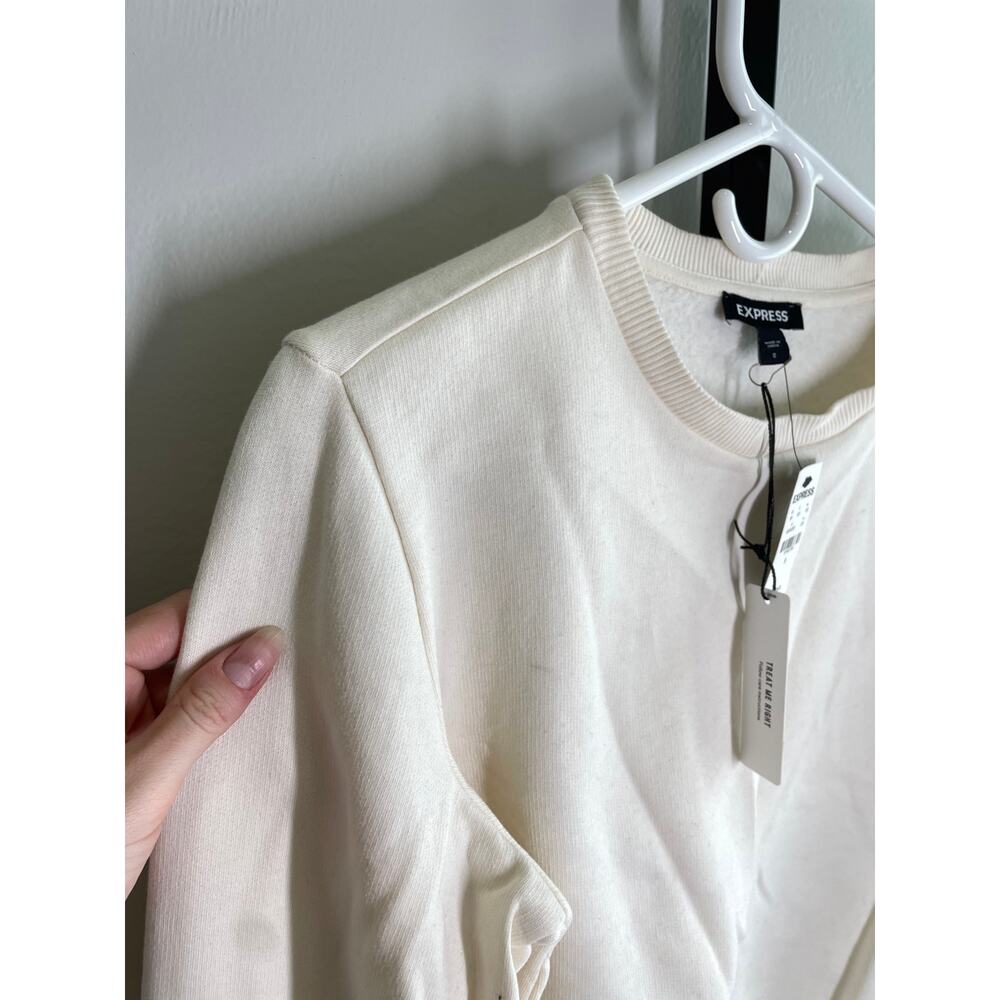 NEW Express Embellished Sweatshirt Womens S Ivory Rhinestone & Faux Pearl Crew - Picture 6 of 11
